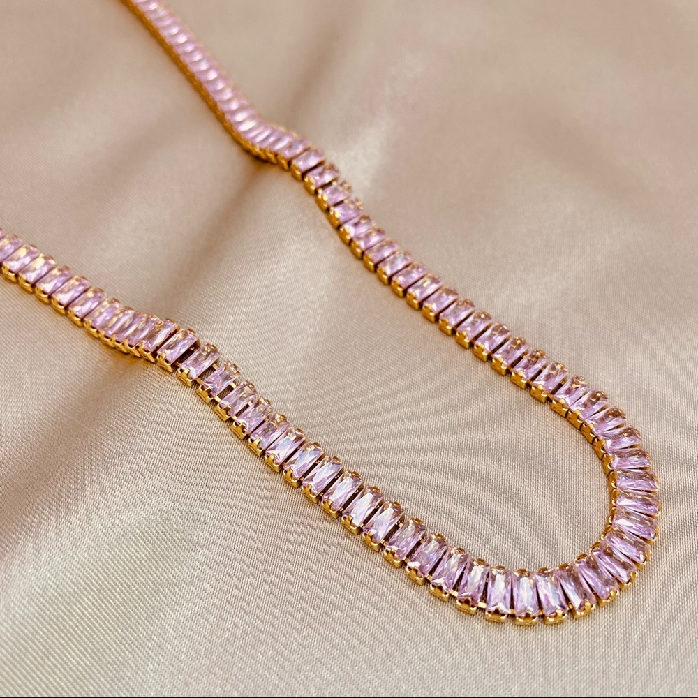 18K Gold Baguette Pastel Pink High Polished Zircon Choker Necklace - Picture 10 of 10